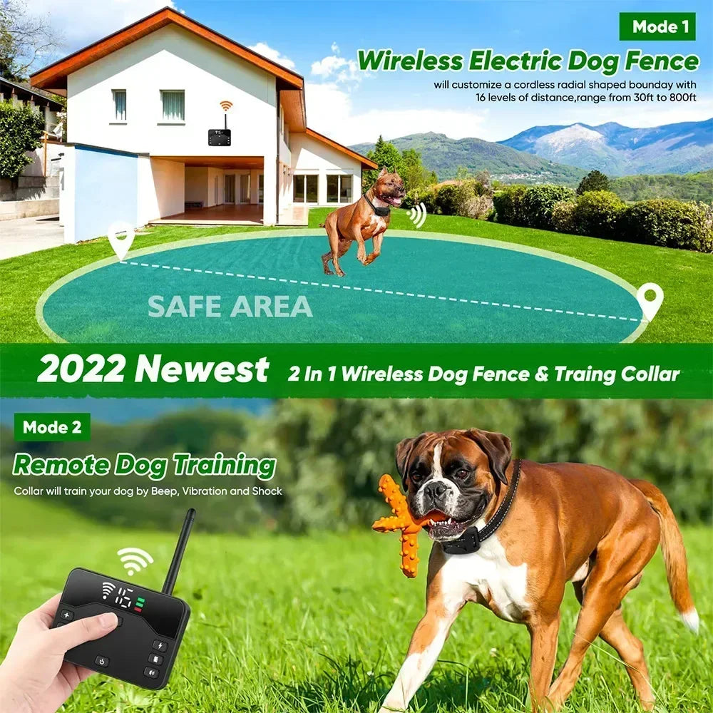 Ultimate Wireless Electric Fence & Anti-Bark Training Collar for Dogs - Adjustable Vibration & Shock Control